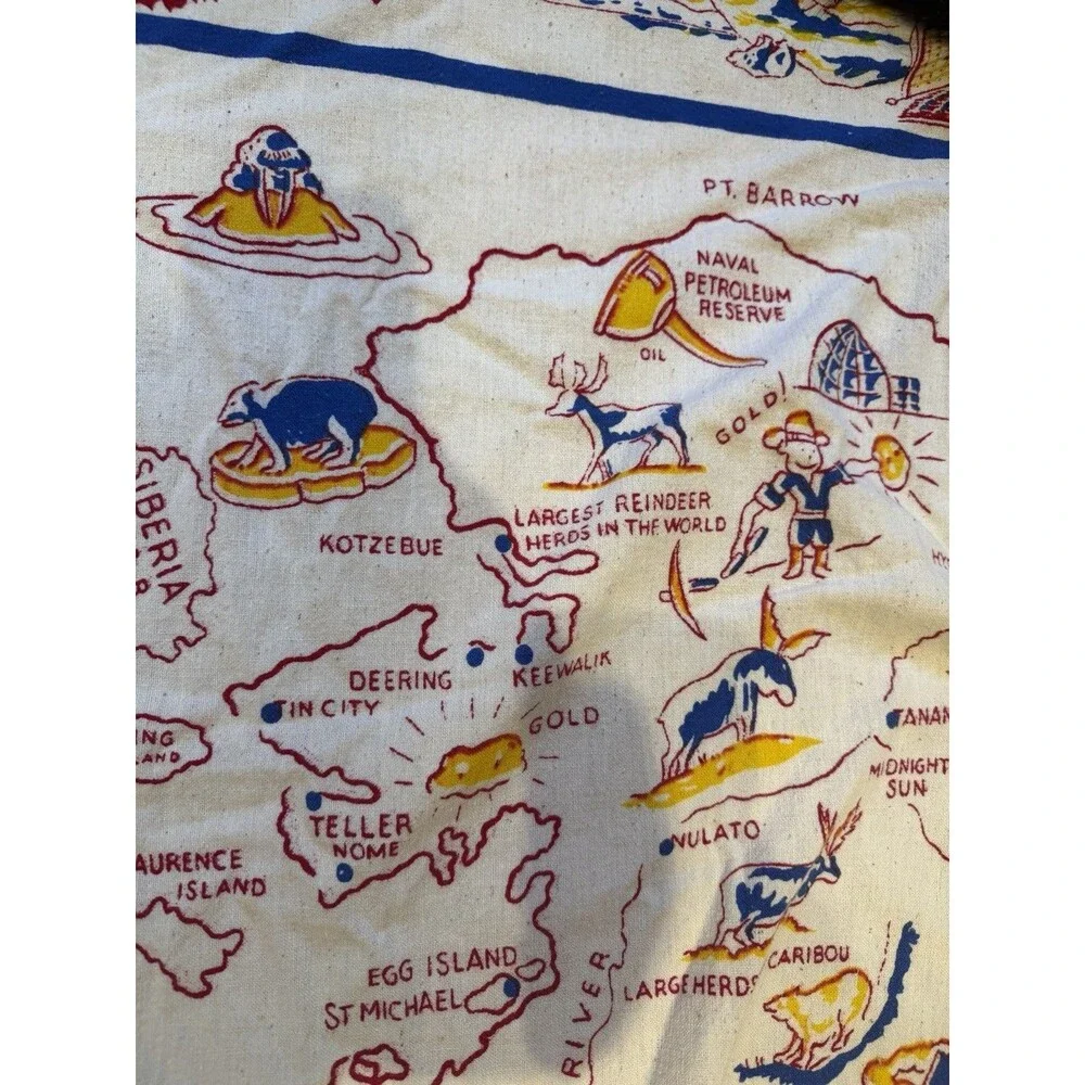 VTG Majestic Alaska Map Souvenir Linen Tablecloth Handkerchief LARGE 44x49 60s